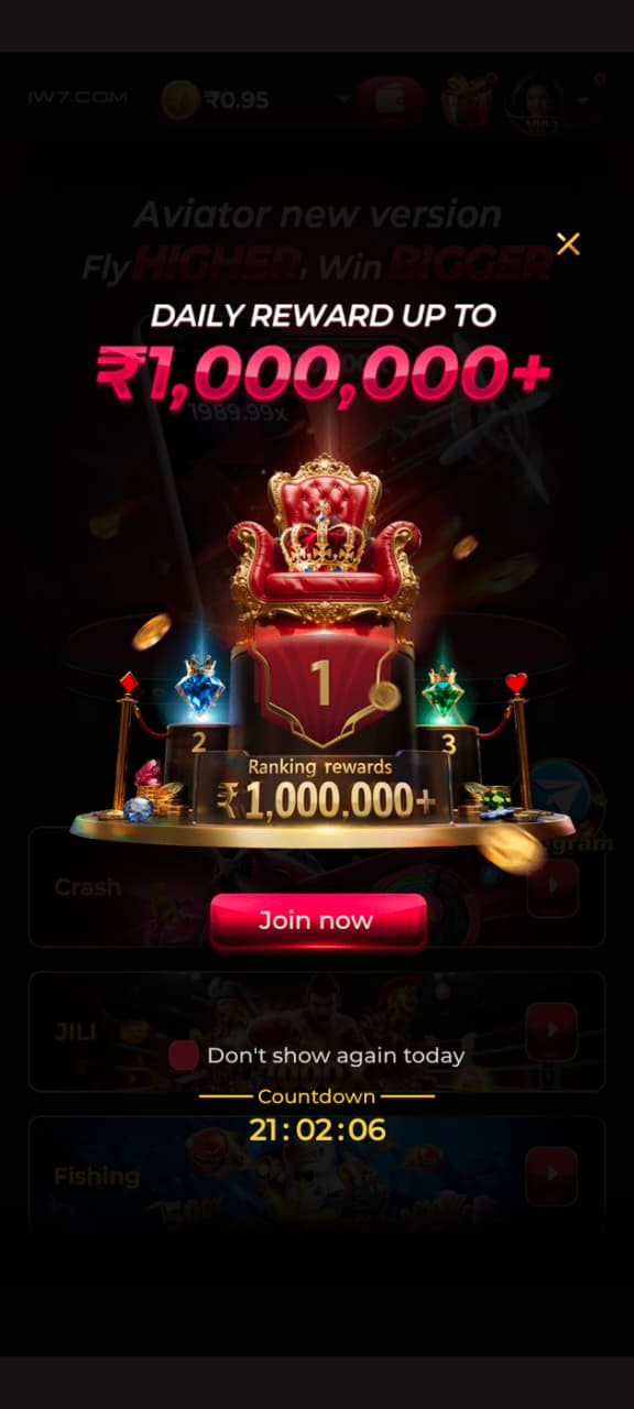 IW7 Game daily rewards screen displaying a prize pool of ₹1,000,000+, ranking rewards, and a Join Now button.