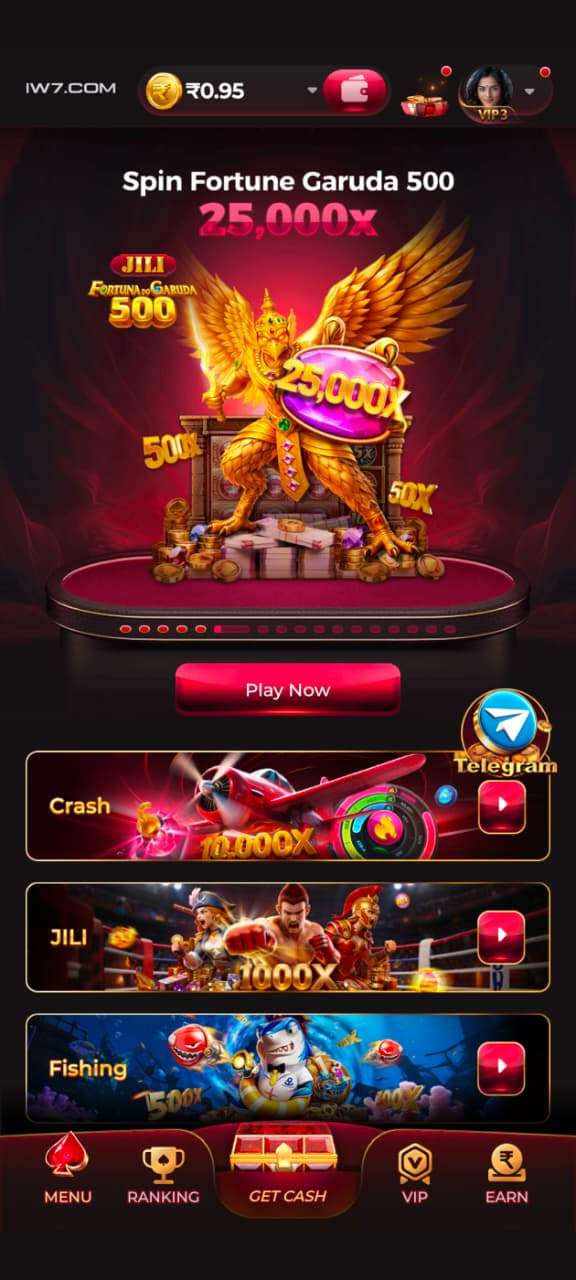 IW7 Game dashboard featuring Garuda 500, Crash, JILI, and Fishing game categories with a colorful mobile gaming interface.